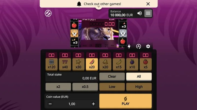 Lion Zama Fruits Bonus Spins - aðal skjár ávaxtavélarinnar með ljónamynd úr African Big 5 seríunni